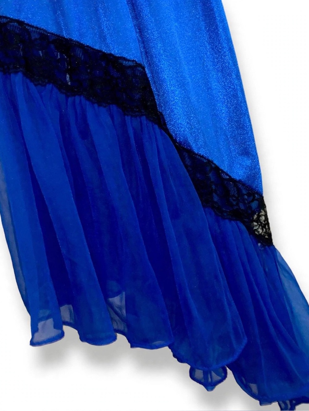 Vintage 80s Electric Blue Lace Mesh Slip Dress S Asymmetrical Midi - Picture 4 of 6